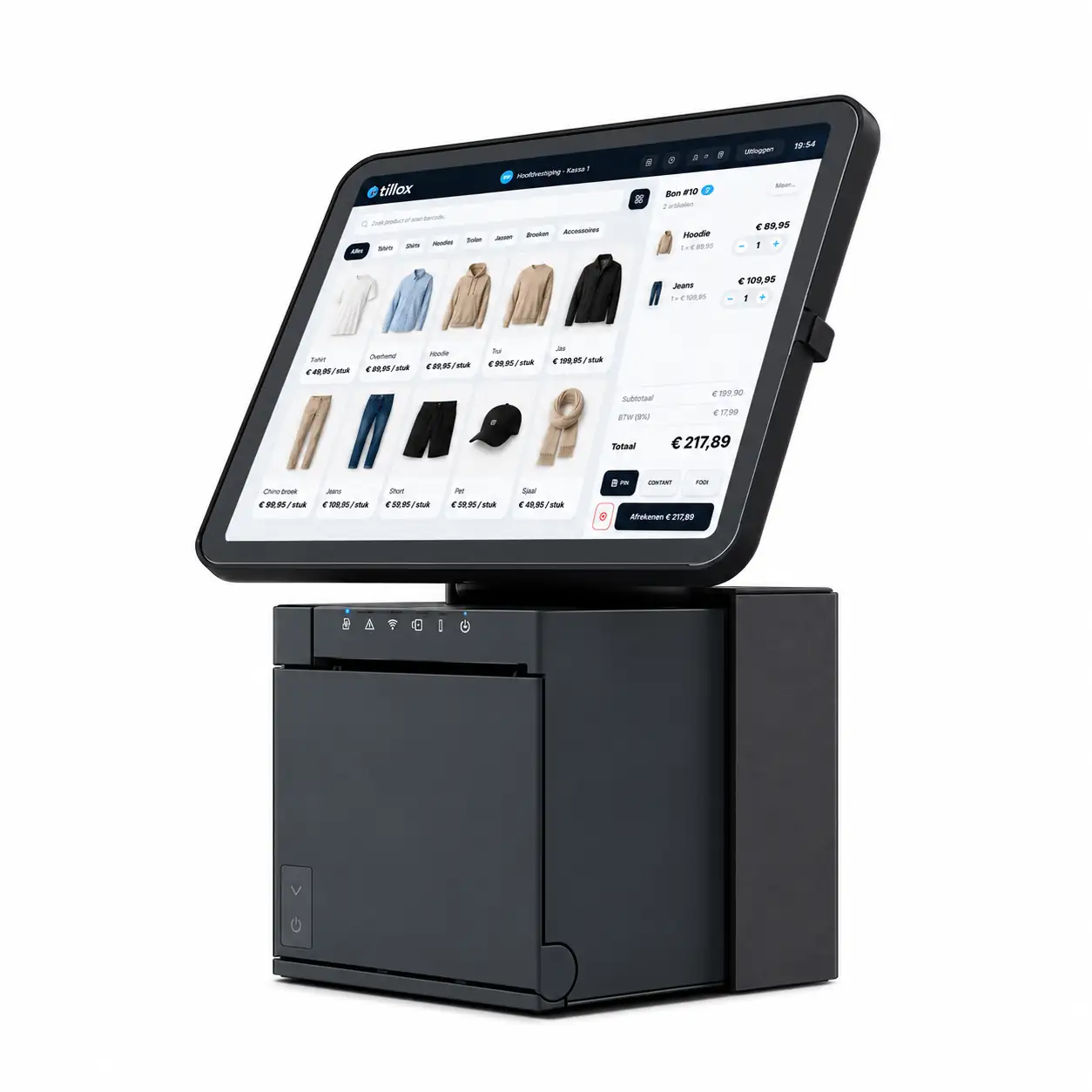 Tillox kassascherm op een iPad met standaard en bonprinter op een witte achtergrond