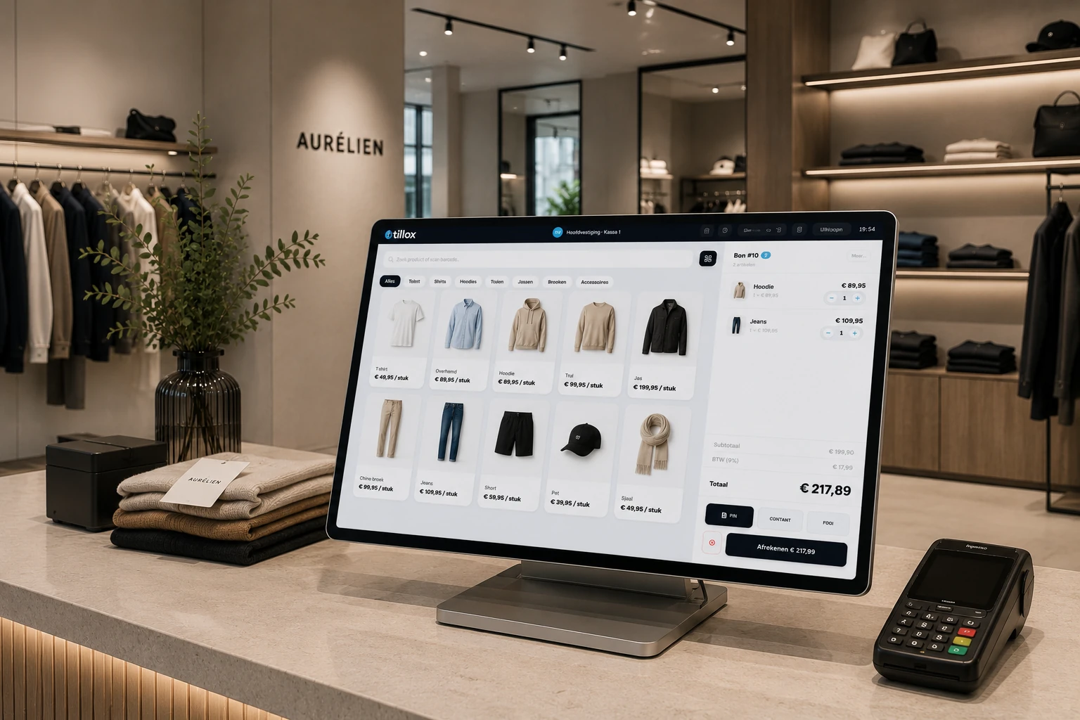 Tillox retail kassasysteem met productoverzicht op een touchscreen in een kledingwinkel
